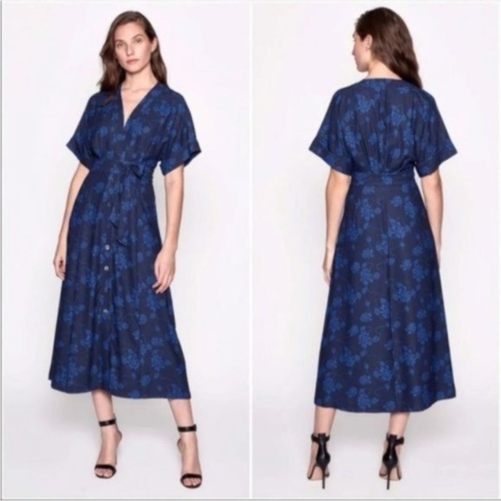 Equipment Nauman Midi Dress Eclipse Blue Cotier Floral V-Neck Size 00 NWT